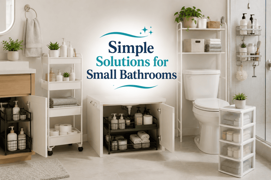 Bathroom accessories for small spaces including shelving units, storage carts, under-sink organisers, and cabinet storage in a clutter-free bathroom