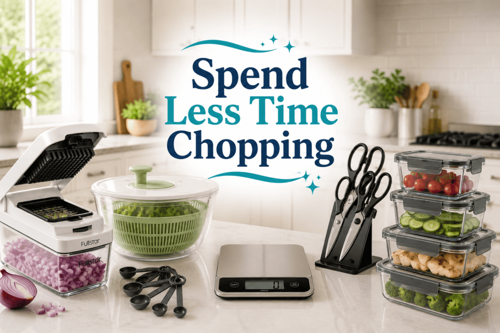 Food prep tools for beginners including a vegetable chopper, salad spinner, kitchen scale, measuring spoons, storage containers, and knife set on a modern kitchen counter