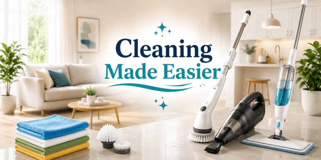 Cleaning tools for home including a spray mop, cordless hand vacuum, electric spin scrubber, and microfiber cleaning cloths in a modern living space