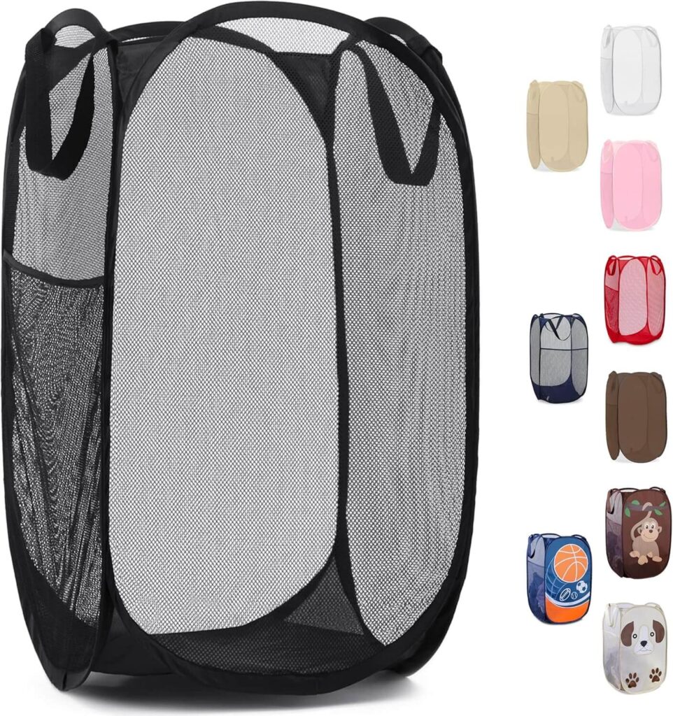 Collapsible Mesh Pop Up Hamper with Wide Opening Bathroom Accessories for Small Spaces That Keep Things Organised and Clutter-Free