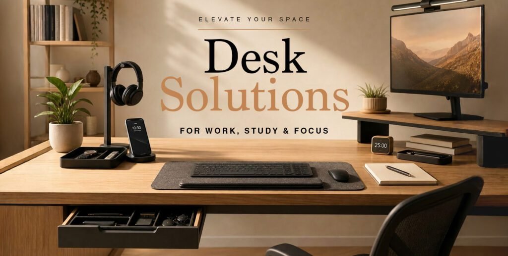 Productivity desk setup with monitor stand, laptop, keyboard, desk lamp, headphones, and workspace accessories