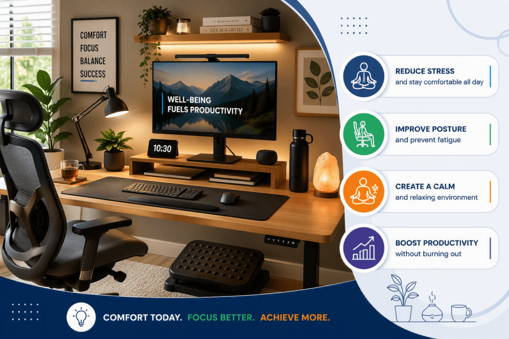 Best comfort and productivity boosters for your workspace featuring an ergonomic office chair, footrest, monitor light bar, desk lamp, and wellness-focused desk setup