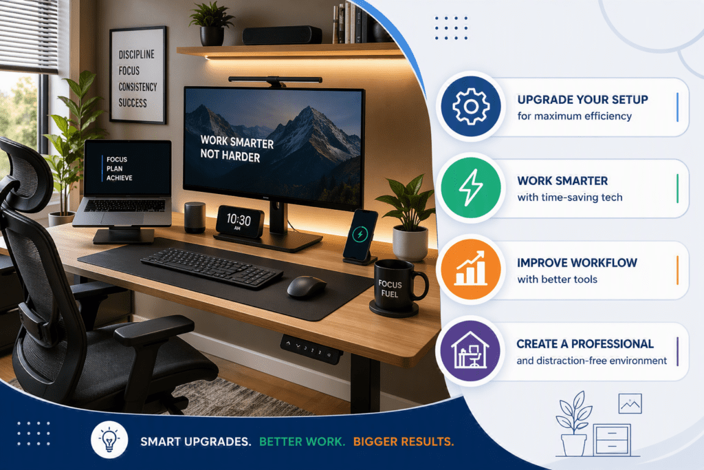Best home office upgrades for productivity and efficiency featuring an ergonomic workspace with monitor light bar, standing desk, office chair, keyboard, and productivity tools