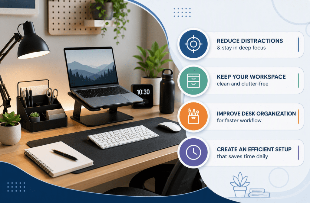 Best desk accessories for productivity and focus featuring a laptop stand, desk organizer, keyboard, mouse, desk lamp, and workspace organization tips