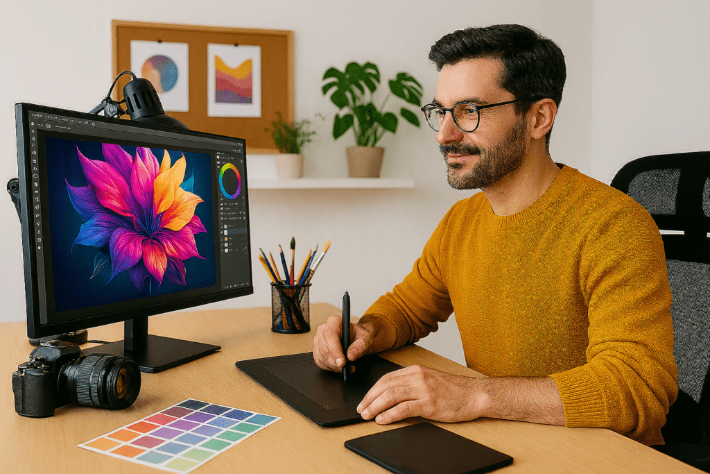 Productivity desk setup for creatives featuring a design workstation, monitor, drawing tools, and organized workspace for creative projects