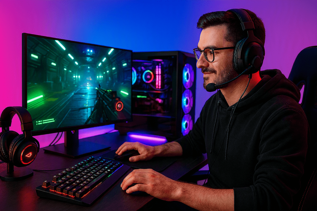 Productivity desk setup for gamers featuring a high-performance gaming PC, dual monitors, RGB lighting, and organized gaming workspace