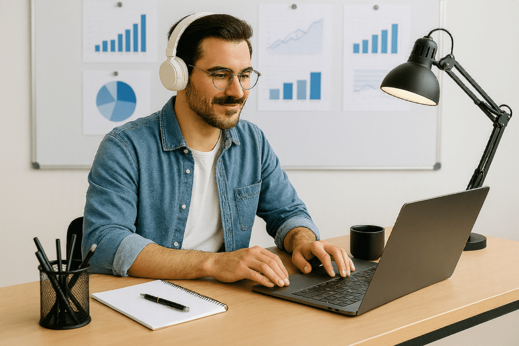 Productivity desk setup for remote workers featuring a laptop, ergonomic workspace, desk lamp, and work-from-home essentials