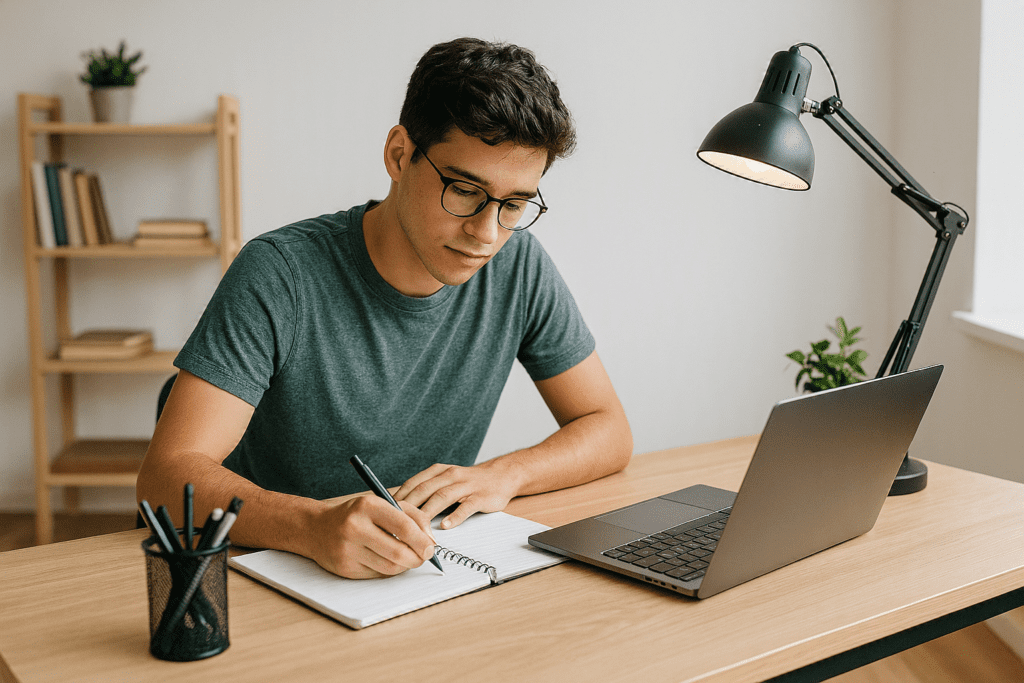 Productivity desk setup for students featuring a laptop, study notebook, desk lamp, and learning workspace designed for focus and organization