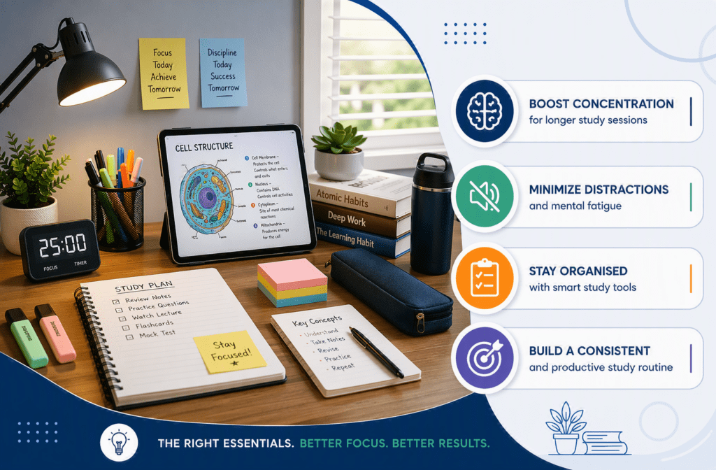 Study essentials for focus and concentration including a tablet, study planner, timer, notebooks, highlighters, and organized study desk setup
