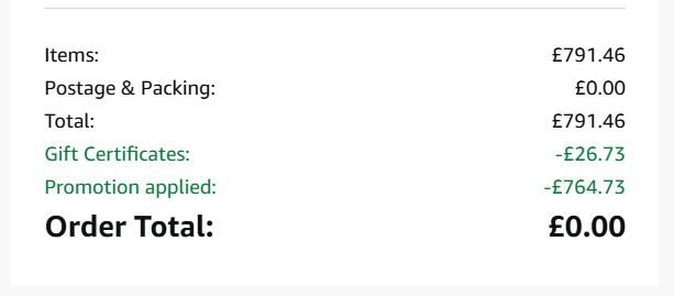 Amazon Deals checkout proof showing a clothing order reduced from £791 to £26 using the Any 3 Items for £1.66 promotion.