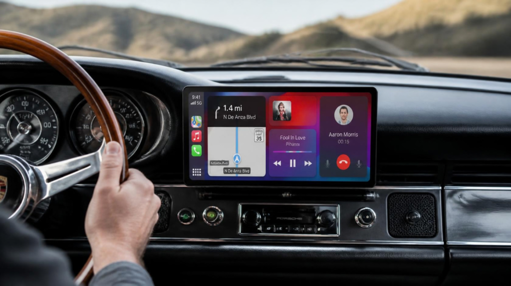 Apple CarPlay for older cars displayed on a wireless dashboard screen with navigation and music controls